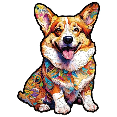 TheGiffter Holzpuzzle Erwachsene, Tier Landschaft Unregelmäßige Einzigartige Form Puzzleteile Geschenkbox, Holz Puzzle Erwachsene (Cleverer Corgi 2 M-29 * 21.1cm-160pcs) von TheGiffter