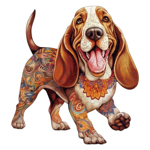 TheGiffter Holzpuzzle Erwachsene, Tier Landschaft Unregelmäßige Einzigartige Form Puzzleteile Geschenkbox, Holz Puzzle Erwachsene (Basset Hound 2 S-19.8 * 21.5cm-110pcs) von TheGiffter