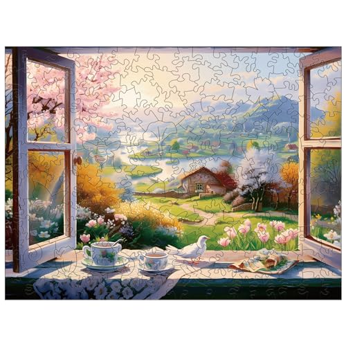 TheGiffter Holzpuzzle Erwachsene, Tier Landschaft Unregelmäßige Einzigartige Form Puzzleteile Geschenkbox, Holz Puzzle Erwachsene (Der Blick Aus Dem Fenster S-21 * 15.8cm-110pcs) von TheGiffter