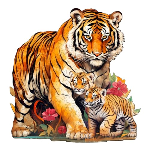 TheGiffter Holzpuzzle Erwachsene, Tier Landschaft Unregelmäßige Einzigartige Form Puzzleteile Geschenkbox, Holz Puzzle Erwachsene (Tigerfamilie 2 L-34.5 * 33.7cm-280pcs) von TheGiffter