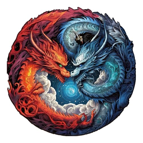 TheGiffter Holzpuzzle Erwachsene, Tier Landschaft Unregelmäßige Einzigartige Form Puzzleteile Geschenkbox, Holz Puzzle Erwachsene (Yin Yang Drache 2 S-21.2 * 21.1cm-100pcs) von TheGiffter