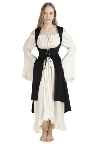 ThePirateDressing Damen Renaissance Unterbrust Pirat Bauer High-Low Samt Overdress mit Taschen und Rückenschnürung, Schwarz, L von ThePirateDressing