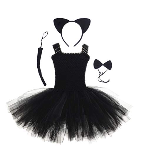 Schwarzes Katzenkostüm-Set, Mädchen, Katzenkostüm, langer Pelz, Katzenschwanz, Katzenohren, Stirnband, Katzenkrawatte mit schwarzem Tutu-Rock, für Halloween-Kostüm, Verkleidungsparty, (M) von Theaque