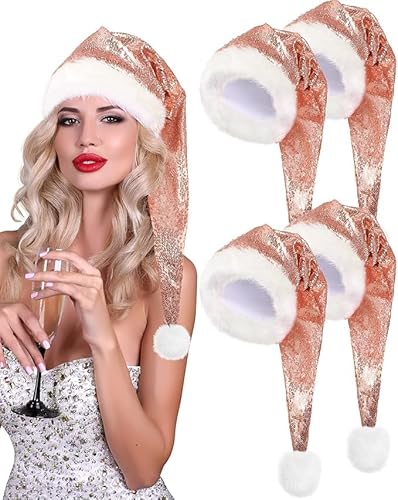 Theaque 4 Stück Weihnachtsmütze, Samt, Weihnachtsmannmütze für Erwachsene, lange Weihnachtsmütze, Damen, Herren, Partyzubehör (Roségold) von Theaque