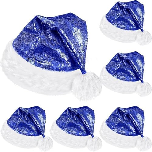 Theaque 6 Stück Nikolausmütze Weihnachtsmütze Claus Xmas Mütze für Erwachsene Unisex mit Futter Plüschkrempe für Weihnachten Neujahr (blaue Pailletten) von Theaque