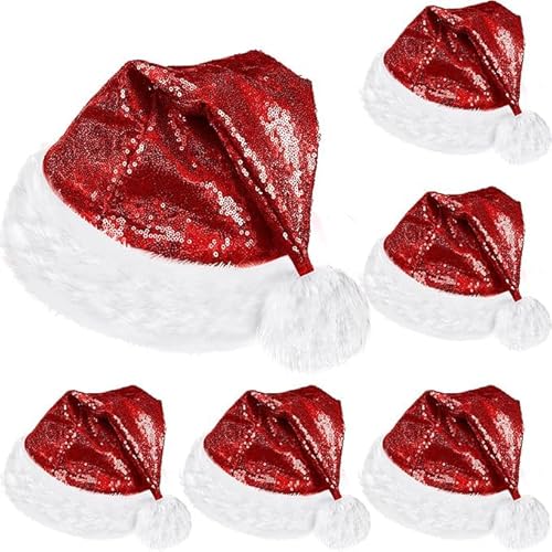 Theaque 6 Stück Nikolausmütze Weihnachtsmütze Claus Xmas Mütze für Erwachsene Unisex mit Futter Plüschkrempe für Weihnachten Neujahr (rote Pailletten) von Theaque