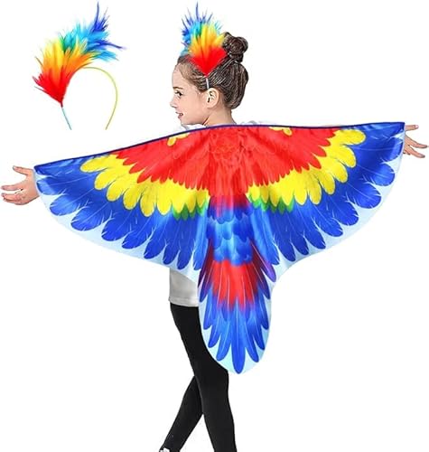 Theaque Vogelkostüm, Papageienflügel für Kinder mit Vogel-Stirnbändern, für Jungen und Mädchen, Adler, Verkleidung, Umhang, Halloween, Partygeschenke, Geschenke (rot, blau, gelb) von Theaque