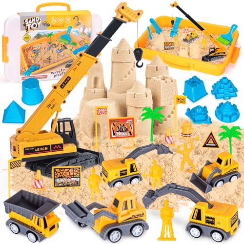 Thedttoy Kinetischer Sand, Baustelle Magic Sand Koffer Spielsand mit 2000g Knetsand, Kranspielzeug, Aufziehauto & Sandformen, Sensorisch Sandspielzeug Zaubersand Geschenk für Kinder Jungen Mädchen von Thedttoy