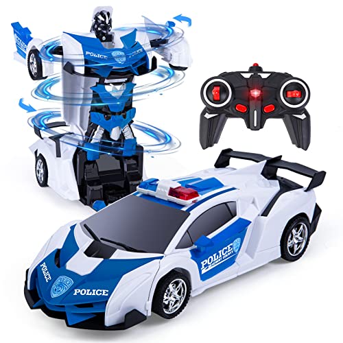 Thedttoy Transformator Ferngesteuertes Auto Spielzeug für Jungen, RC Polizeiauto Spielzeugauto Transform Auto Robot mit Fernbedienung, Kinder Geburtstag Geschenke ab 4 5 6 7 8 9 10 Jahre (Weiß) von Thedttoy