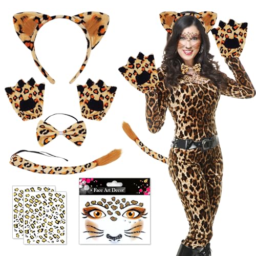 8 Stück Leoparden Ohren Leopard Kostüm Kostüm Leopard Leoparden Halloween Gesichtstattoo Stirnband Leopardenschwanz Fliege Handschuhe(Ausgenommen Kleidung) Geeignet für Halloween Maskerade Karneval von Theiuaoqwe