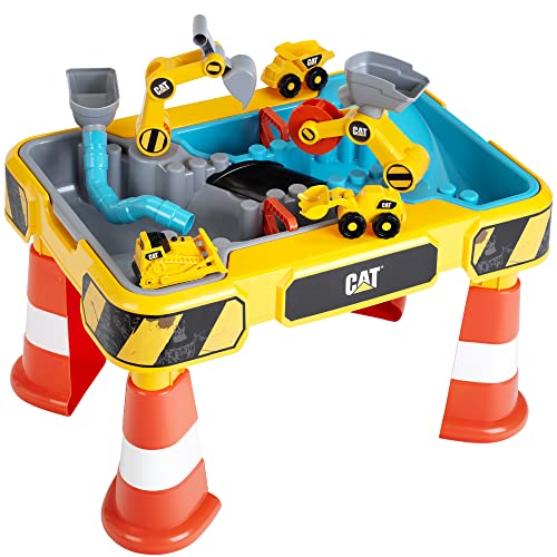 Theo Klein 3208 Caterpillar Sand- und Wasser Spieltisch I Zwei Becken inkl. Rad- und Löffelbagger, Brücke, Rohren, Stoppern u.v.m. I Maße: 64 cm x 48 cm x 40 cm I Spielzeug für Kinder ab 18 Monaten von Theo Klein