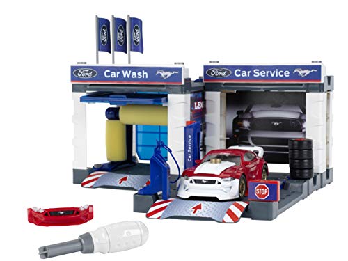 Theo Klein 3313 Service-Station mit 2019 Ford Mustang I Garage und Auto demontierbar I Spiel-Werkstatt inkl. Hebebühne und Waschstraße I Maße: 41 cm x 39 cm x 29 cm I Spielzeug für Kinder ab 3 Jahren von Theo Klein