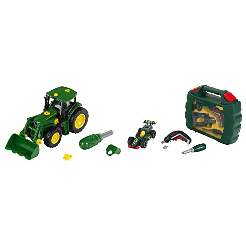 Theo Klein 3903 John Deere Traktor | Mit Frontlader und Gegengewicht 3 Jahren & 8395 Werkzeugkoffer-Set Bosch Grand Prix mit Ixolino-Akkuschrauber | Schraubbarer Rennwagen ab 3 Jahren von Theo Klein