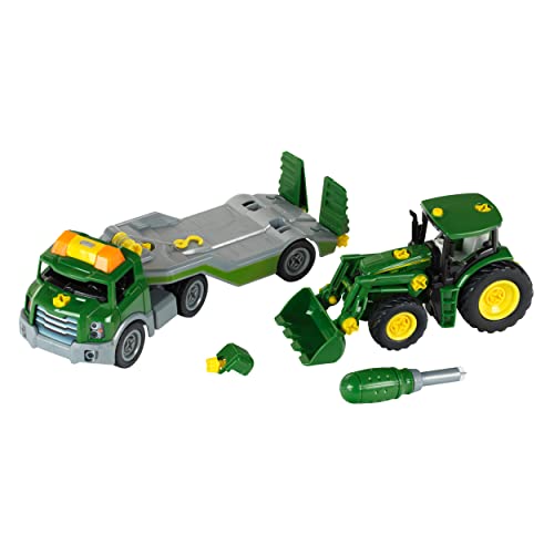 Theo Klein 3908 Transporter mit John Deere Traktor I Schraubset inkl. Schraubendreher I Maße: 36 cm x 10,50 cm x 17 cm I Spielzeug für Kinder ab 3 Jahren von Theo Klein