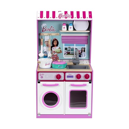 Theo Klein 7312 Barbie Holzküche mit integriertem Puppenhaus 2 in 1 I Spielküche mit Herd, Waschmaschine und Zubehör I Maße: 45 cm x 40 cm x 85 cm I Spielzeug für Kinder ab 3 Jahren von Theo Klein