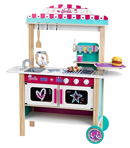 Theo Klein 7329 Barbie Holzküche, Restaurant Bistro, Holz (MDF) I mit Grill, Ofen und Kühlschrank I inkl. Kinder-Spielküche-Zubehör I Maße: 94 cm x 32 cm x 106 cm I Spielzeug für Kinder ab 3 Jahren von Theo Klein