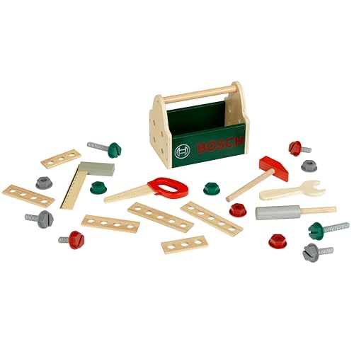 Theo Klein 8161 Bosch Werkzeug-Box aus Holz I Stabile Box mit praktischem Tragegriff I Inkl. Werkzeug im Bosch-Design I Spielzeug für Kinder ab 3 Jahren von Theo Klein