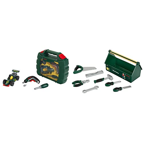 Theo Klein 8395 Werkzeugkoffer-Set Bosch Grand Prix mit Ixolino-Akkuschrauber I Maße: 32 cm x 26 cm x 9 cm I ab 3 Jahren & 8573 Bosch Werkzeug-Box I 7-teiliges Werkzeug-Set I ab 3 Jahren von Theo Klein