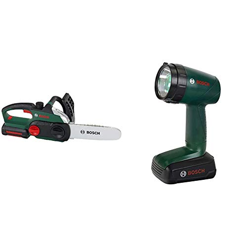 Theo Klein 8399 Bosch Kettensäge I Originalgetreue, kindgerechte Nachbildung I 13 cm x 39,5 cm x 14 cm & Bosch Akku-Lampe I Batteriebetriebene Lampe um 90 Grad drehbar I 9,5 cm x 6,4 cm x 18 cm von Theo Klein