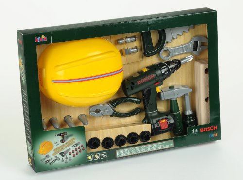 Theo Klein 8418 Bosch Handwerker-Set, 37-teilig I Kinder-Akkuschrauber mit Licht & Sound I Werkzeug und Werkbank- Zubehör wie Hammer, Säge, Bauarbeiter-Helm u.v.m. I Spielzeug für Kinder ab 3 Jahren von Theo Klein