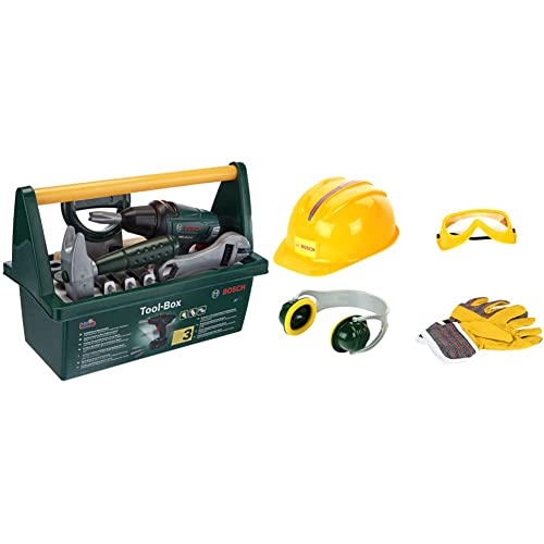 Theo Klein 8429 Bosch Werkzeug-Box | Mit Säge, Hammer, Zange und vielem mehr & 8537 Bosch Zubehör-Set | Hochwertige Arbeitshandschuhe, Brille, Ohrenschützer und Helm | Im Bosch-Design von Theo Klein