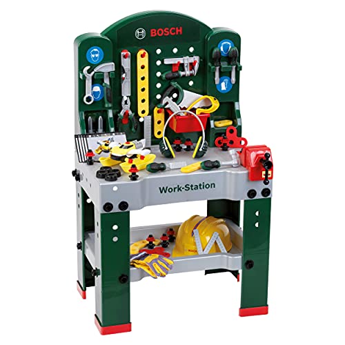 Theo Klein 8513 Bosch Workstation Werkbank mit Werkzeug, Montagefahrzeug und zahlreichem Zubehör Arbeitsplatte mit Lernfunktion Maße: 61 cm x 44,5 cm x 101 cm Spielzeug für Kinder ab 3 Jahren von Theo Klein