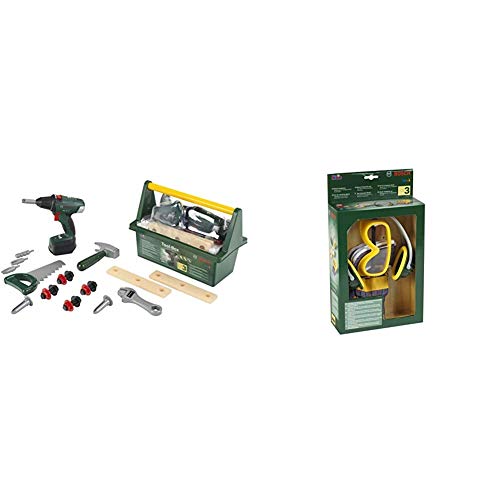 Theo Klein 8520 Bosch Werkzeug-Box I Mit Hammer, Säge, Rollgabelschlüssel und vielem mehr I 31 cm x 16,5 cm x 12,5 cm & Bosch 3-teiliges Zubehör-Set I Arbeitshandschuhe, 19,5 cm x 7 cm x 33,5 cm von Theo Klein