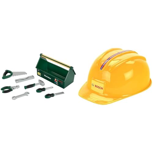 Theo Klein 8573 Bosch Werkzeug-Box I 7-teiliges Werkzeug-Set I Stabile Box mit Tragegriff 30,25 x 14 x 17,25 cm & Bosch Handwerkerhelm I Der Spielzeughelm im Handwerker-Look 25,8 x 19,5 x 11 cm, gelb von Theo Klein