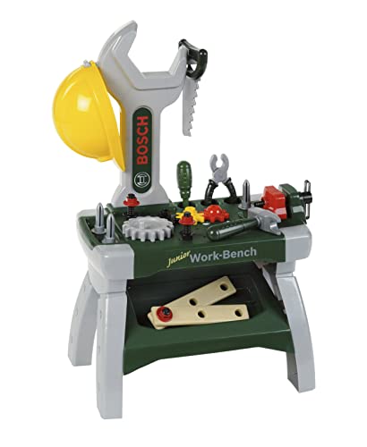 Theo Klein 8604 Bosch Werkbank Junior I Inkl. Helm, Schraubstock, Werkzeugen, Latten, Nägel, Schrauben und Muttern I Maße: 49 cm x 29 cm x 71 cm I Spielzeug für Kinder ab 2 Jahren von Theo Klein