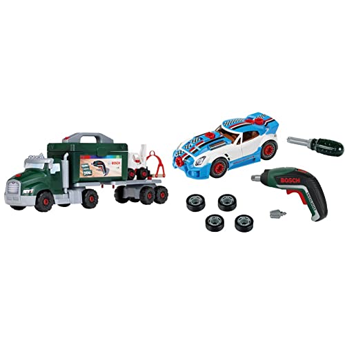 Theo Klein 8640 Bosch Schraubtruck Spiel-Set mit Ixolino I Konstruktions-Spielzeug & 8630 Bosch Car Tuning-Set | Zerlegbares Auto mit Tuning Zubehör | Mit batteriebetriebenem Akkuschrauber von Theo Klein