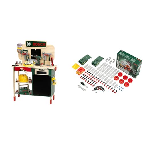 Theo Klein 8734 Bosch Holzwerkbank & Theo Klein 8497 Multi-Tech Konstruktionsset mit Bosch Ixolino I 107 BAU-Teile I Batteriebetriebener Ixolino mit Licht und Sound Spielzeug für Kinder ab 3 Jahren von Theo Klein