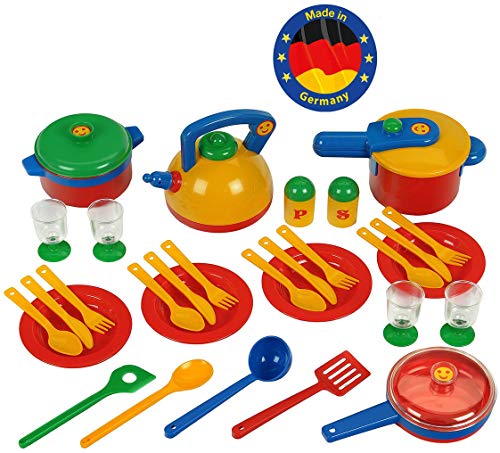 Emma's Kitchen großes Topfset | Buntes, robustes Geschirr | Mit Schnellkochtopf, Kochlöffel, Pfanne und vielem mehr | Verpackungsmaße: 29,5 cm x 14,75 cm x 24 cm | Spielzeug für Kinder ab 2 Jahren von Theo Klein