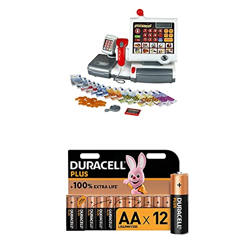 Theo Klein 9356 Kasse I Mit Folientastatur, Rechnerfunktion, Bezahlterminal samt Scanner und Waage mit Licht-und Soundfunktion + Duracell Plus AA Alkaline-Batterien, 12er Pack von Theo Klein