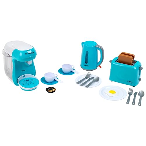 Theo Klein 9598 Bosch Frühstücksset I Blaues Küchenzubehör-Set inkl. Toaster, Kaffeemaschine und Wasserkocher I mit Geschirr, Besteck und Spiegelei-Attrappe I Spielzeug für Kinder ab 3 Jahren von Theo Klein