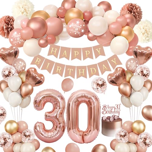 30 Geburtstag Frauen Mädchen, Thinbal Deko 30. Geburtstag Ballon Roségold, Geburtstagsdeko 30 mit Happy Birthday Banner, Luftballon 30, Pompoms für Frau 30. Geburtstag Girlande Party Dekorationen von Thinbal