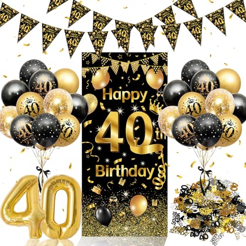 Deko 40 Geburtstag Mann Frau, Thinbal 40.Geburtstag Lange Banner, Geburtstagsdeko mit 40 Geburtstag Wimpel Girlande,Konfetti Geburtstag Deko,40 Folienballon,Schwarz Gold Luftballons 40 Geburtstag Deko von Thinbal