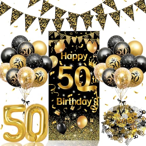 50 Geburtstag Deko Mann Frau, 50 Geburtstag Banner Schwarz Gold, Luftballons 50 Geburtstag Wimpel Girlande, Konfetti 50. Geburtstag Deko,Geburtstag Luftballons für 50 Jahre Männer Frauen Party Deko von Thinbal