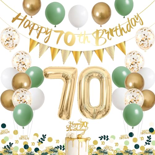 70. geburtstag frau Deko, Thinbal Deko 70 Geburtstag Frau Mann mit Happy Birthday Banner,Zahl 70 Folienballon, Grün Weiß Gold 70 Geburtstag Luftballons Grün Konfetti Deko für 70 geburtstagsdeko frauen von Thinbal