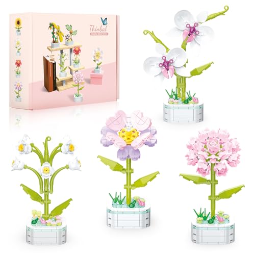 Bausteine Blumen Set,4 DIY Blumen Bauspielzeugsets mit Box,Botanical Collection als Zimmer Deko für Erwachsene,Nelke,Orchidee,Maiglöckchen,Künstliche Blumenstrauß Bausteine Geschenk für Mädchen Frauen von Thinbal