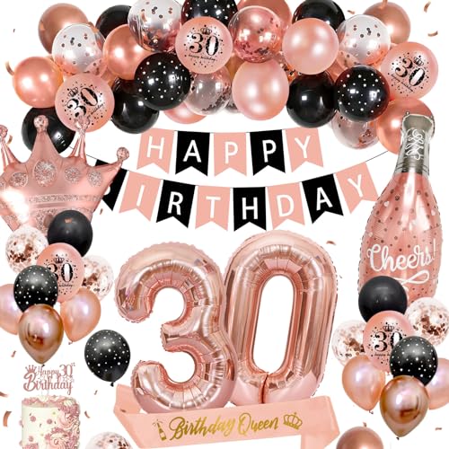 Deko 30 Geburtstag Frauen, Thinbal Rosegold Schwarz Geburtstagsdeko 30 Männer Frauen,Geburtstag Party Luftballon mit Happy Birthday Banner,Girlande Luftballon für Frau Mann 30. Geburtstag Dekorationen von Thinbal