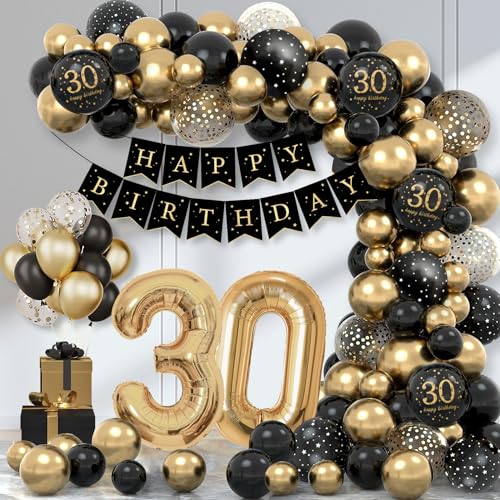 Deko 30 Geburtstag Mann Frau, Thinbal Geburtstagsdeko 30 Männer Frauen, 30. Geburtstag Schwarz Gold Luftballons mit Happy Birthday Banner,Luftballon 30, Geburtstag Luftballon Girlande Party Deko von Thinbal