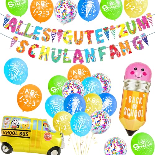 Einschulung Deko, Einschulung Junge Mädchen, Schuleinführung Schulanfang Deko Set,Einschulungsdeko Einschulung Luftballon mit ABC1+2=3 Motiv+Schulanfang Banner+Schulbus Folienballon Deko von Thinbal