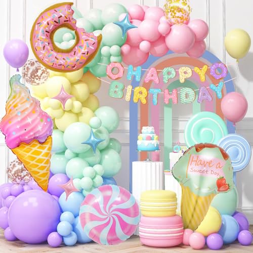 Geburtstagsdeko Mädchen, Kindergeburtstag Deko Pastell Luftballons Girlande, Geburtstag Deko Set Mit Süßigkeiten Donut Eiscreme Folienballon, Happy Birthday Banner für Kinder Geburtstag Party Deko von Thinbal