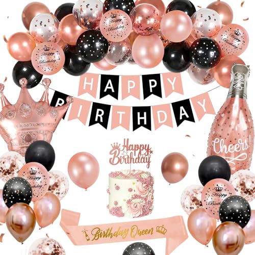 Geburtstagsdeko Mädchen Frauen, Thinbal Geburtstag Deko Set Happy Birthday Banner Schwarz Roségold Luftballon für Mädchen Geburtstag Folienballon Deko für Frau,Geburtstag Party Deko Supplies von Thinbal