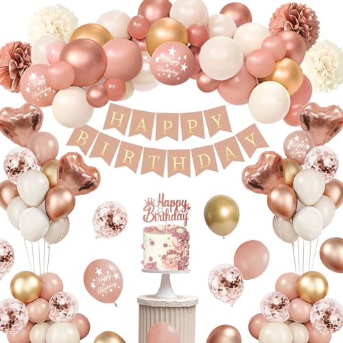 Geburtstagsdeko Mädchen Frauen, Roségold Geburtstag Deko Set, Luftballons Geburtstag Dekoration mit Happy Birthday Banner,Pompoms für Frau, Kindergeburtstag Deko Geburtstag Girlande Party Dekorationen von Thinbal