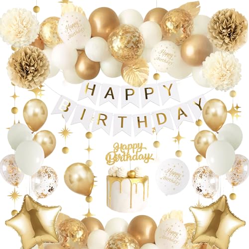 Geburtstagsdeko Weiß Gold, Thinbal Deko Geburtstag Mädchen Frauen, Kindergeburtstag Deko mit Happy Birthday Banner, Ballon Girlande Pompons Weiß Gold für Mädchen Junge Geburtstag Party Dekorationen von Thinbal