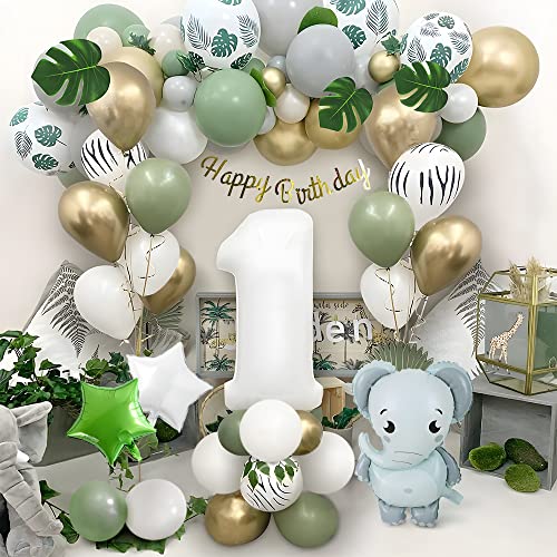 Geburtstagsdeko 1 Jahr Junge, Thinbal Luftballon 1. Geburtstag Dschungel, Safari Grüne Grau Weiß Gold Ballon Weiß 1 Jahr Elefant Folienballon für Wild One Deko 1. Geburtstag Mädchen Baby Shower von Thinbal