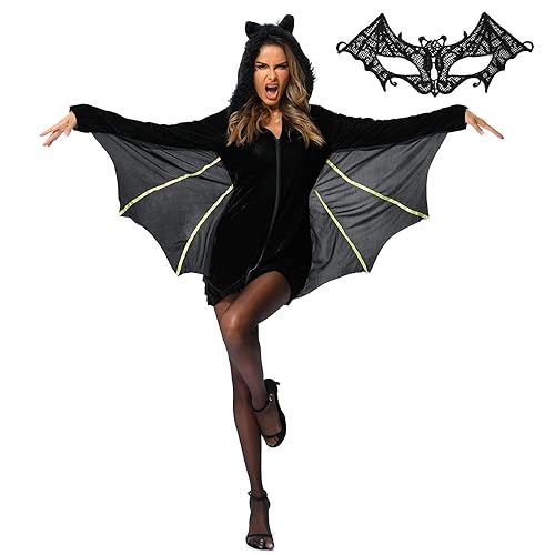 ThinkMax Halloween-Kostüme mit schwarzer Fledermaus und Reißverschluss, Vampir-Outfit, Kostüm, Halloween-Party, Cosplay-Outfit für Erwachsene und Frauen (XL von ThinkMax