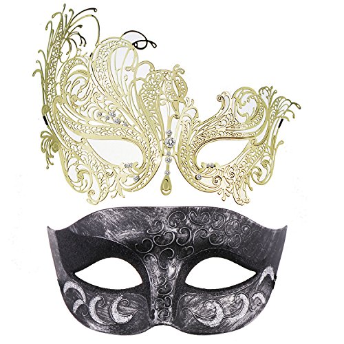 Thmyo 2 Pack Venezianische Masquerade Maske für Paare, Mardi Gras Halloween Ball Maske (Antikes Silber Schwarz & Gold) von Thmyo