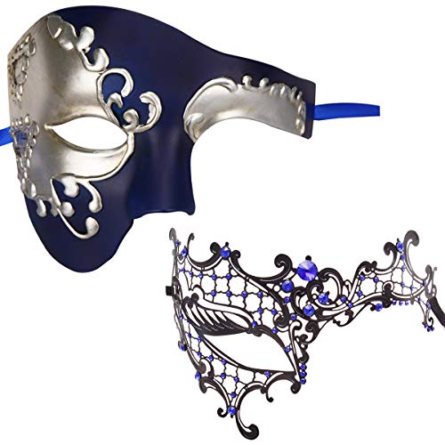 Thmyo 2 Stücke Paar Gorgeous Masquerade Masken, Half Face Venezianische Partei Kostüme Maske (Schwarz + Blau & Silber) von Thmyo